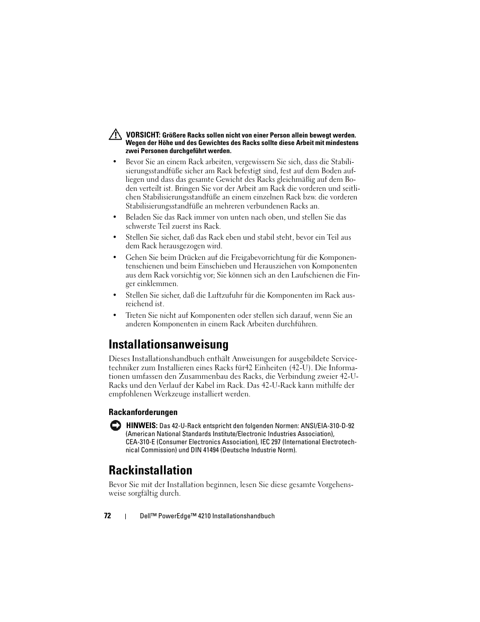 Installationsanweisung, Rackanforderungen, Rackinstallation | Dell PowerEdge Rack Enclosure 4210 User Manual | Page 74 / 162