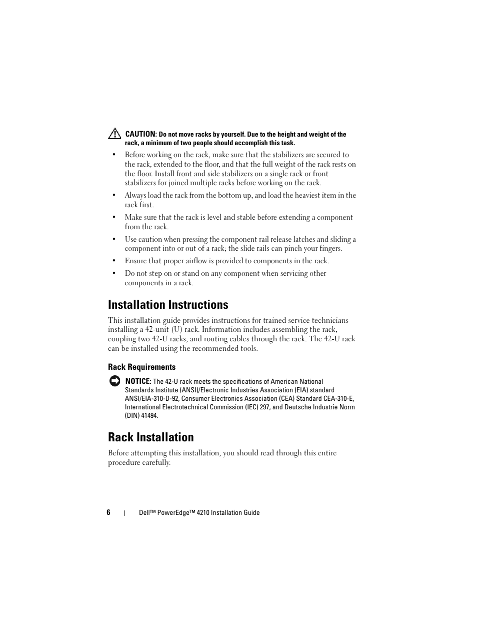 Installation instructions, Rack requirements, Rack installation | Dell PowerEdge Rack Enclosure 4210 User Manual | Page 8 / 162