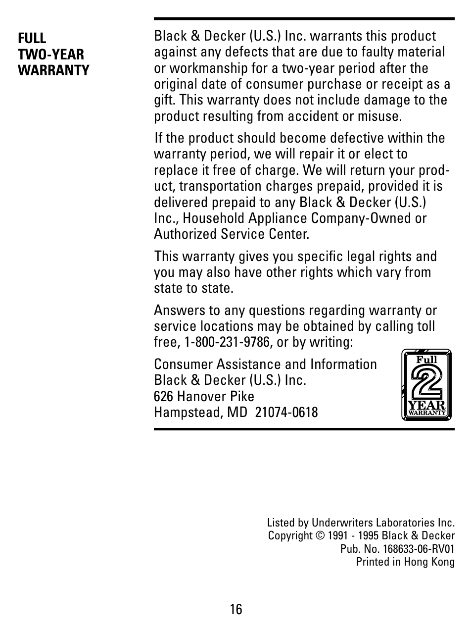 Warranty | Black & Decker M175W Shown User Manual | Page 16 / 16