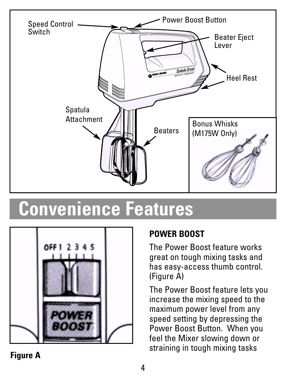 Features, Convenience features | Black & Decker M175W Shown User Manual | Page 4 / 16