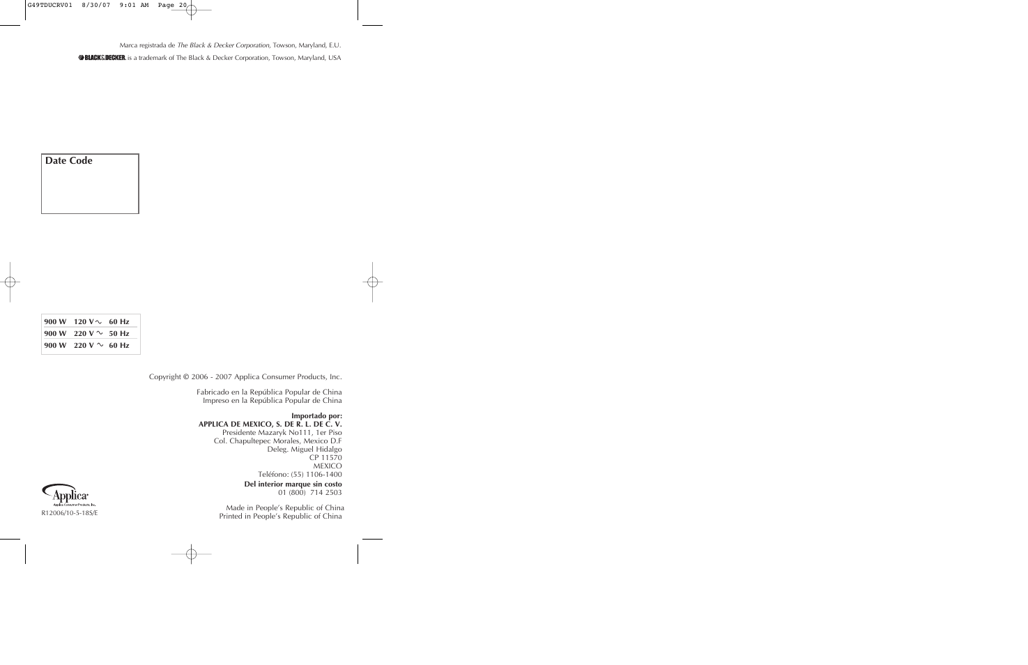 Date code | Black & Decker G49TD User Manual | Page 11 / 11