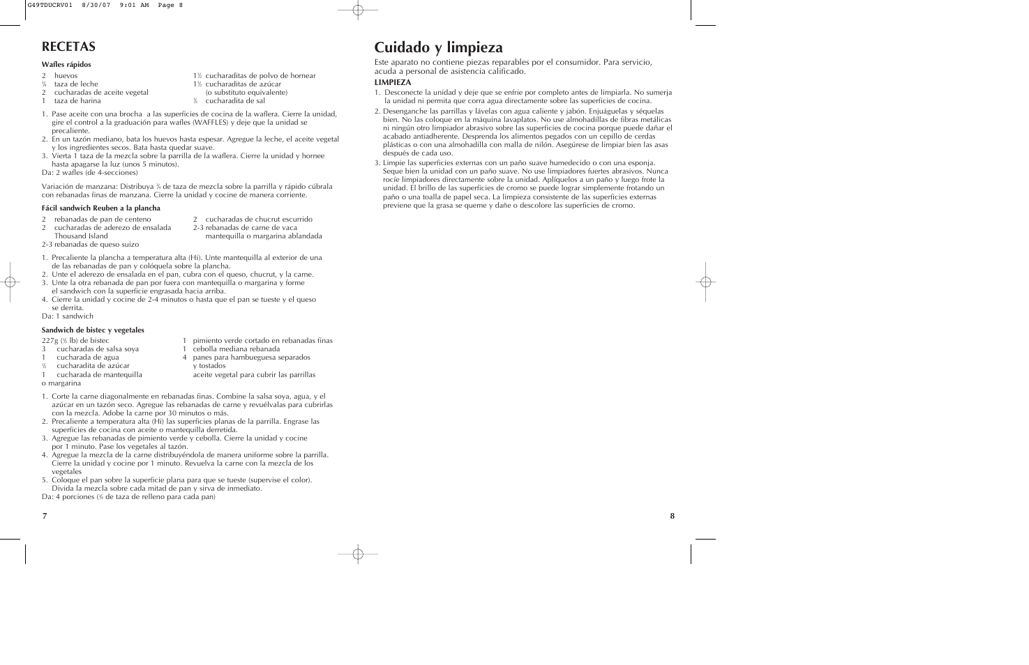 Cuidado y limpieza, Recetas | Black & Decker G49TD User Manual | Page 5 / 11