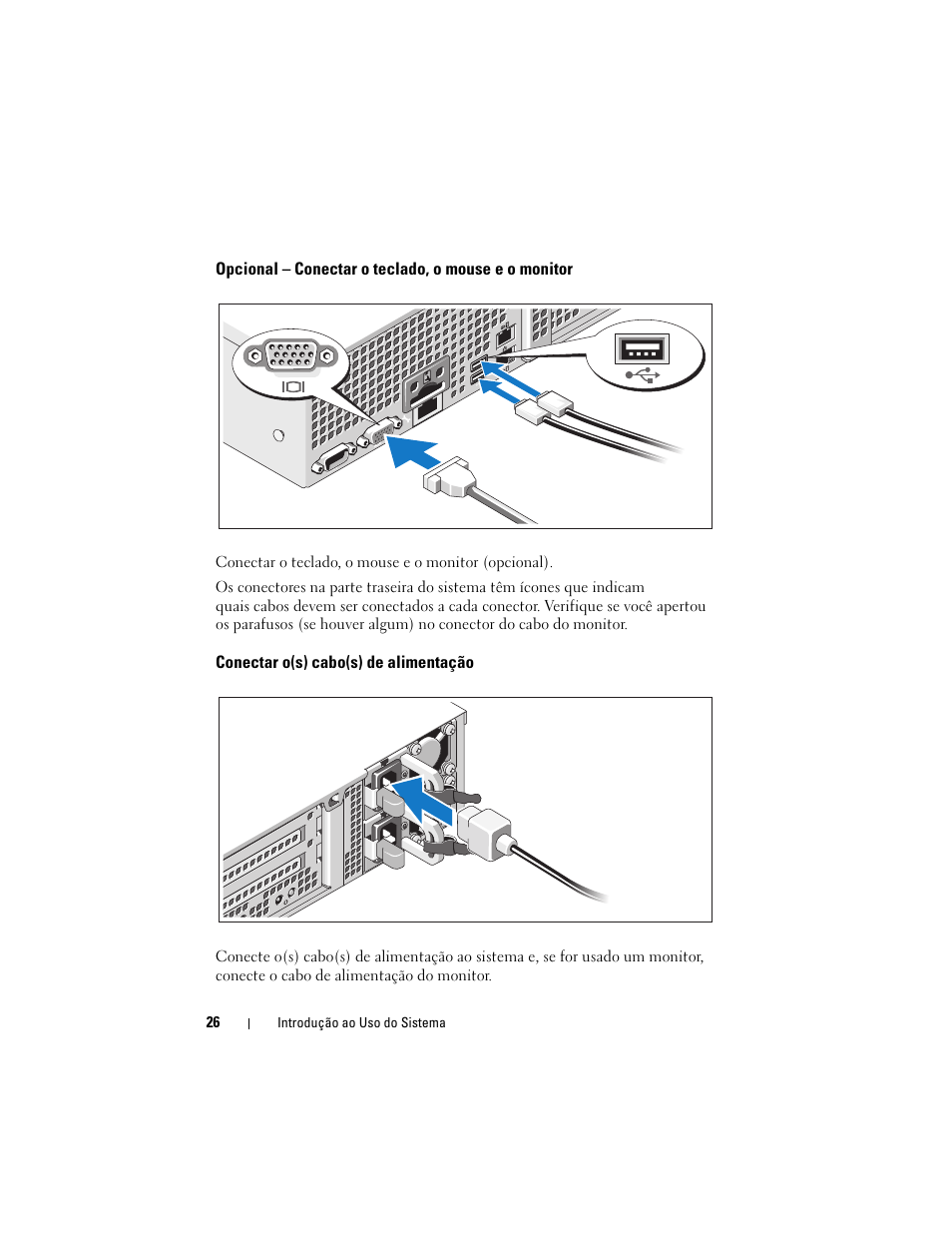 Opcional - conectar o teclado, o mouse e o monitor, Conectar o(s) cabo(s) de alimentação | Dell DR4000 User Manual | Page 28 / 50