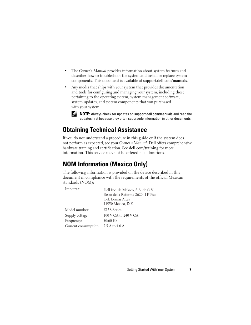 Obtaining technical assistance, Nom information (mexico only) | Dell DR4000 User Manual | Page 9 / 50