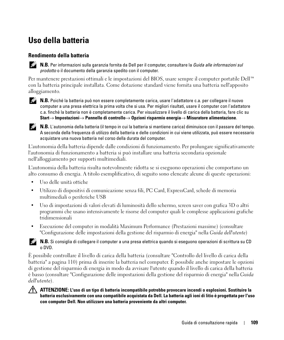 Uso della batteria, Rendimento della batteria | Dell Latitude D520 User Manual | Page 109 / 168