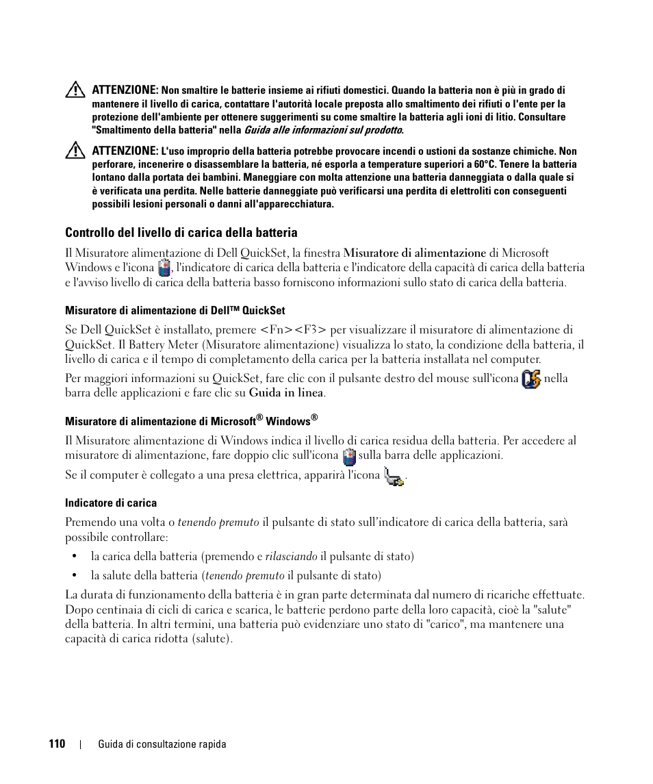 Controllo del livello di carica della batteria | Dell Latitude D520 User Manual | Page 110 / 168