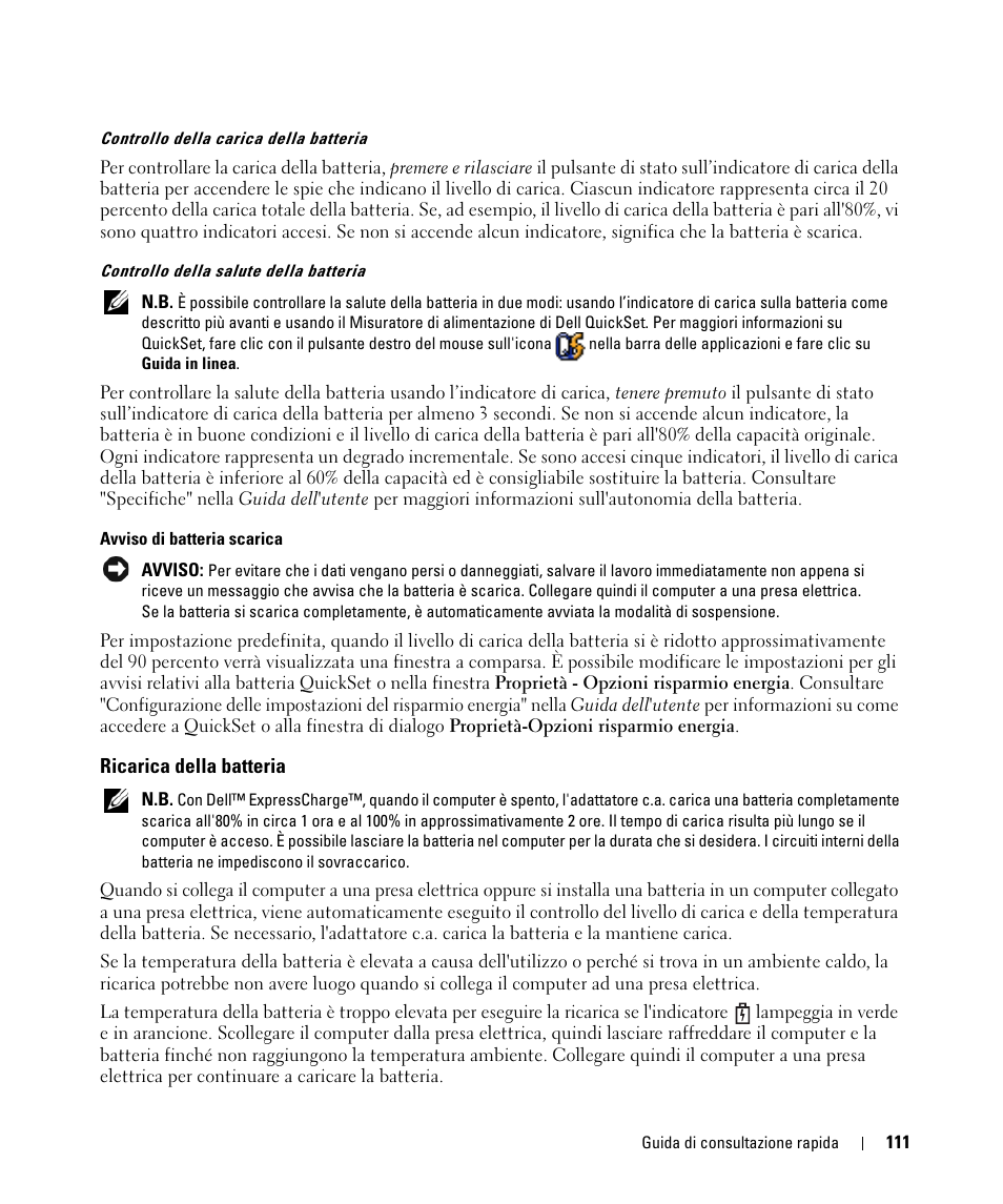 Ricarica della batteria | Dell Latitude D520 User Manual | Page 111 / 168