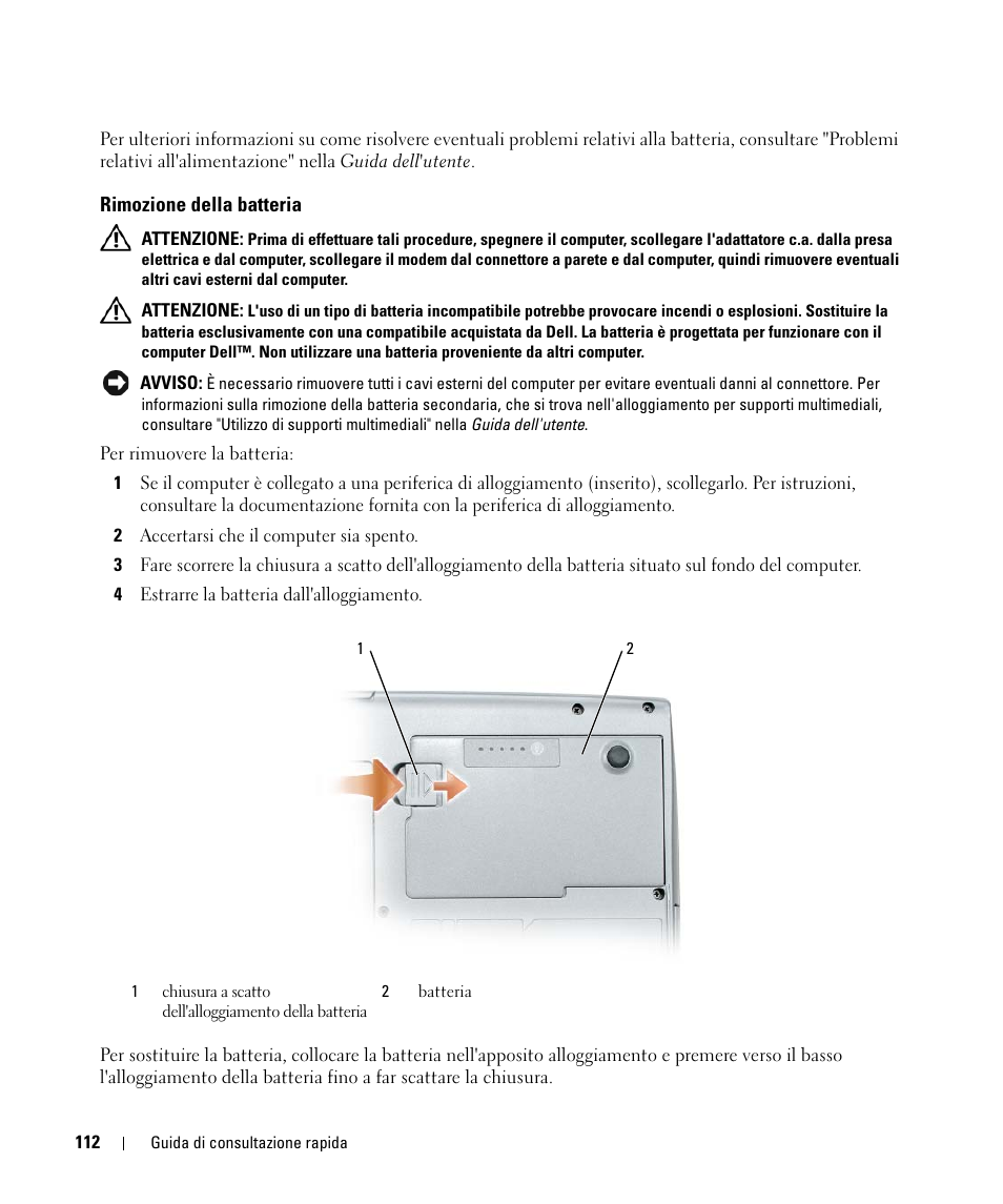 Rimozione della batteria | Dell Latitude D520 User Manual | Page 112 / 168