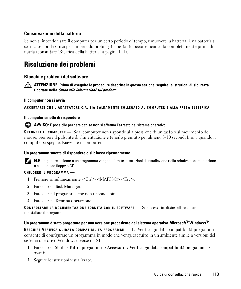 Conservazione della batteria, Risoluzione dei problemi, Blocchi e problemi del software | Dell Latitude D520 User Manual | Page 113 / 168