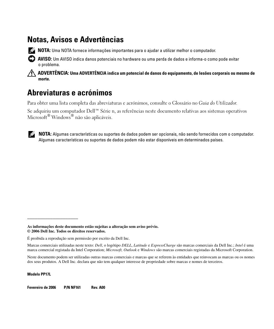 Notas, avisos e advertências, Abreviaturas e acrónimos | Dell Latitude D520 User Manual | Page 122 / 168