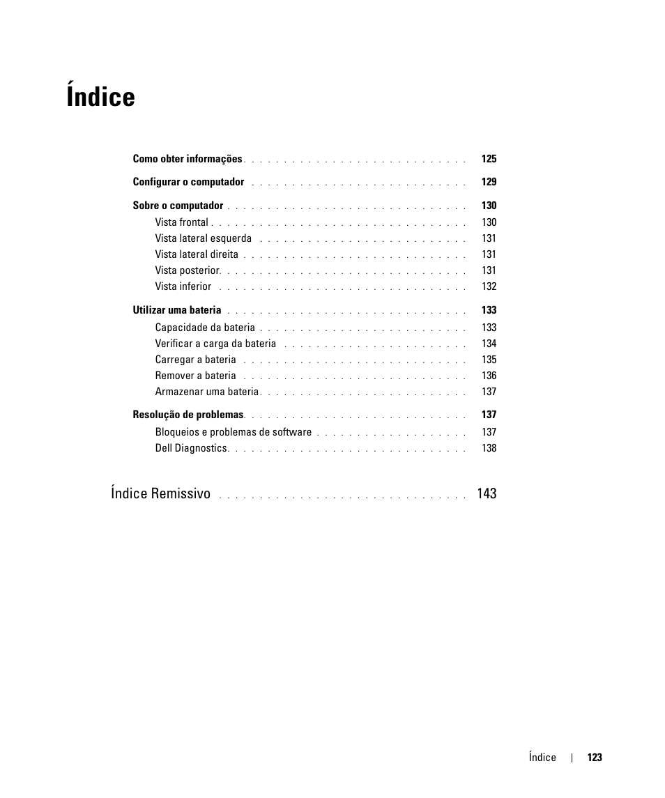 Índice, Índice remissivo | Dell Latitude D520 User Manual | Page 123 / 168