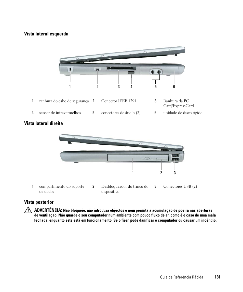 Vista lateral esquerda, Vista lateral direita, Vista posterior | Dell Latitude D520 User Manual | Page 131 / 168