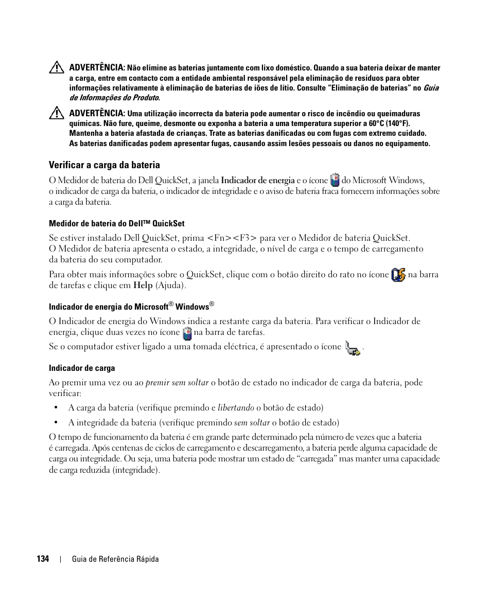 Verificar a carga da bateria | Dell Latitude D520 User Manual | Page 134 / 168