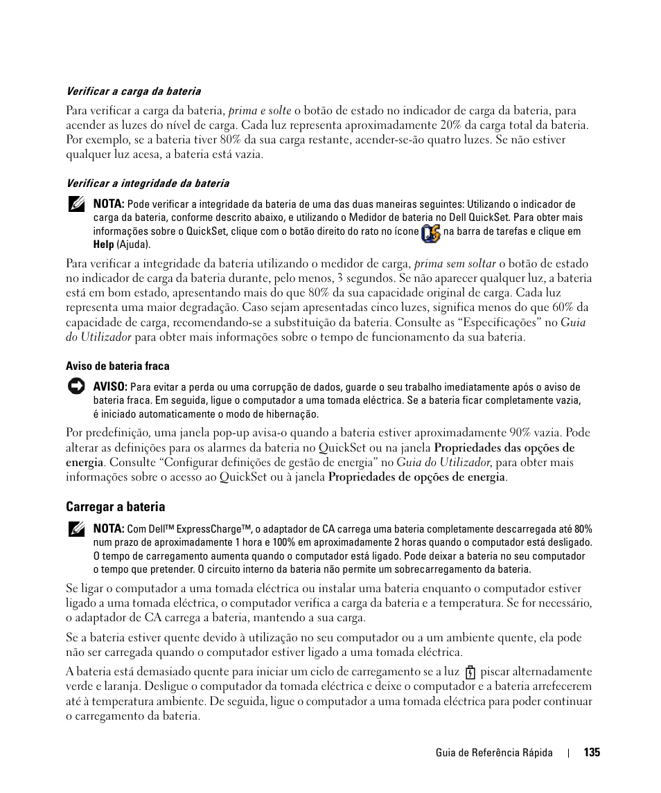 Carregar a bateria | Dell Latitude D520 User Manual | Page 135 / 168