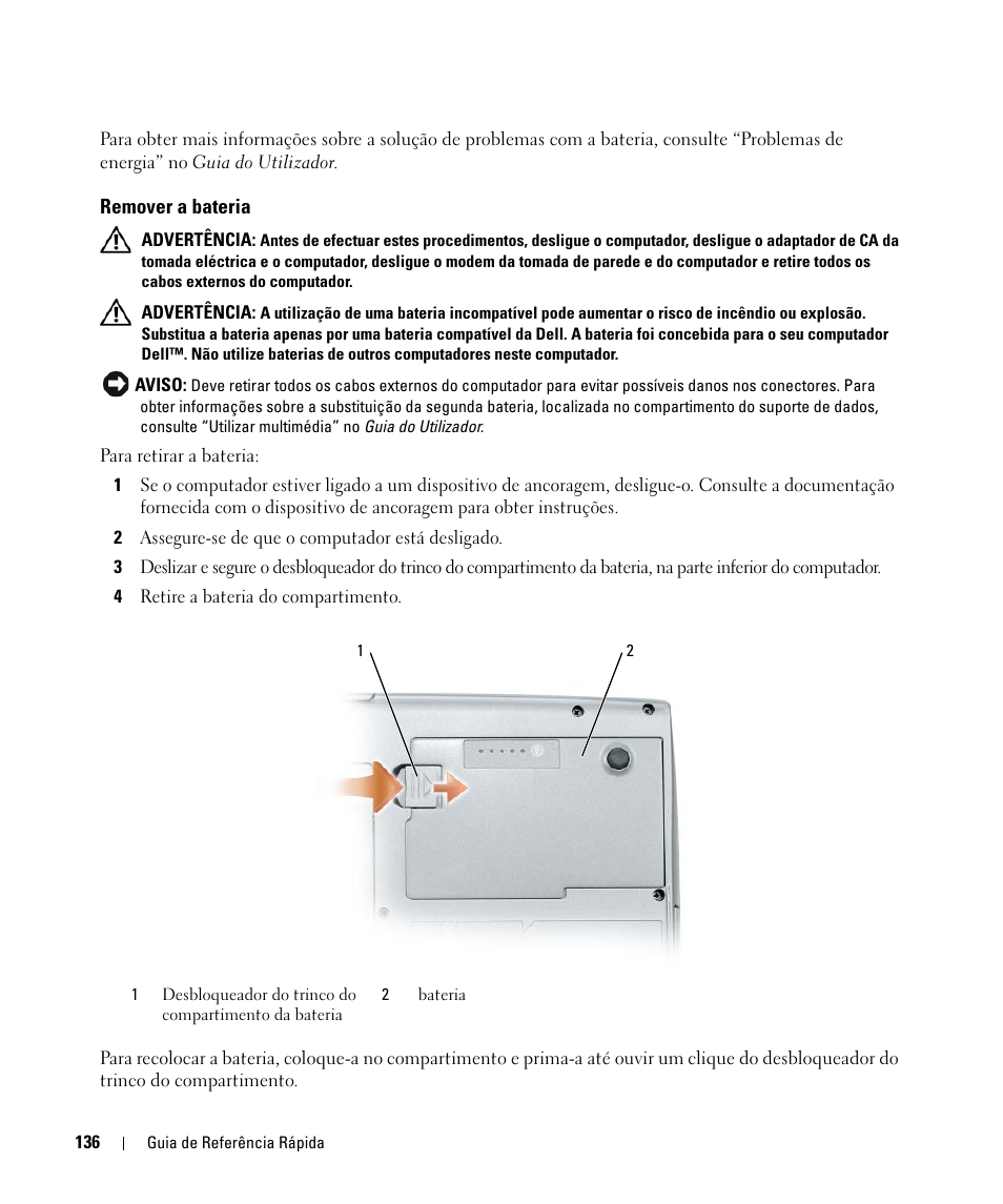 Remover a bateria | Dell Latitude D520 User Manual | Page 136 / 168