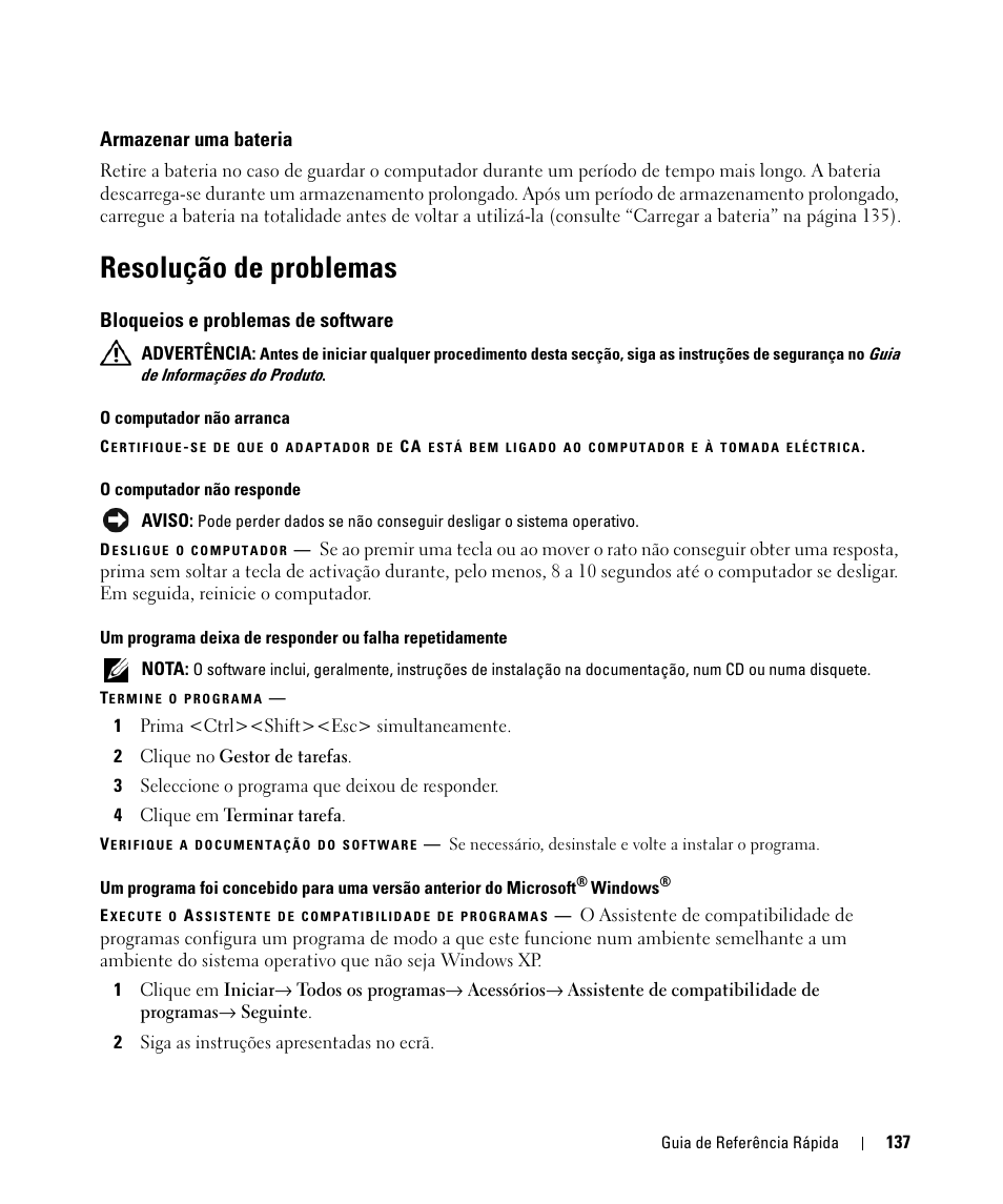 Armazenar uma bateria, Resolução de problemas, Bloqueios e problemas de software | Dell Latitude D520 User Manual | Page 137 / 168