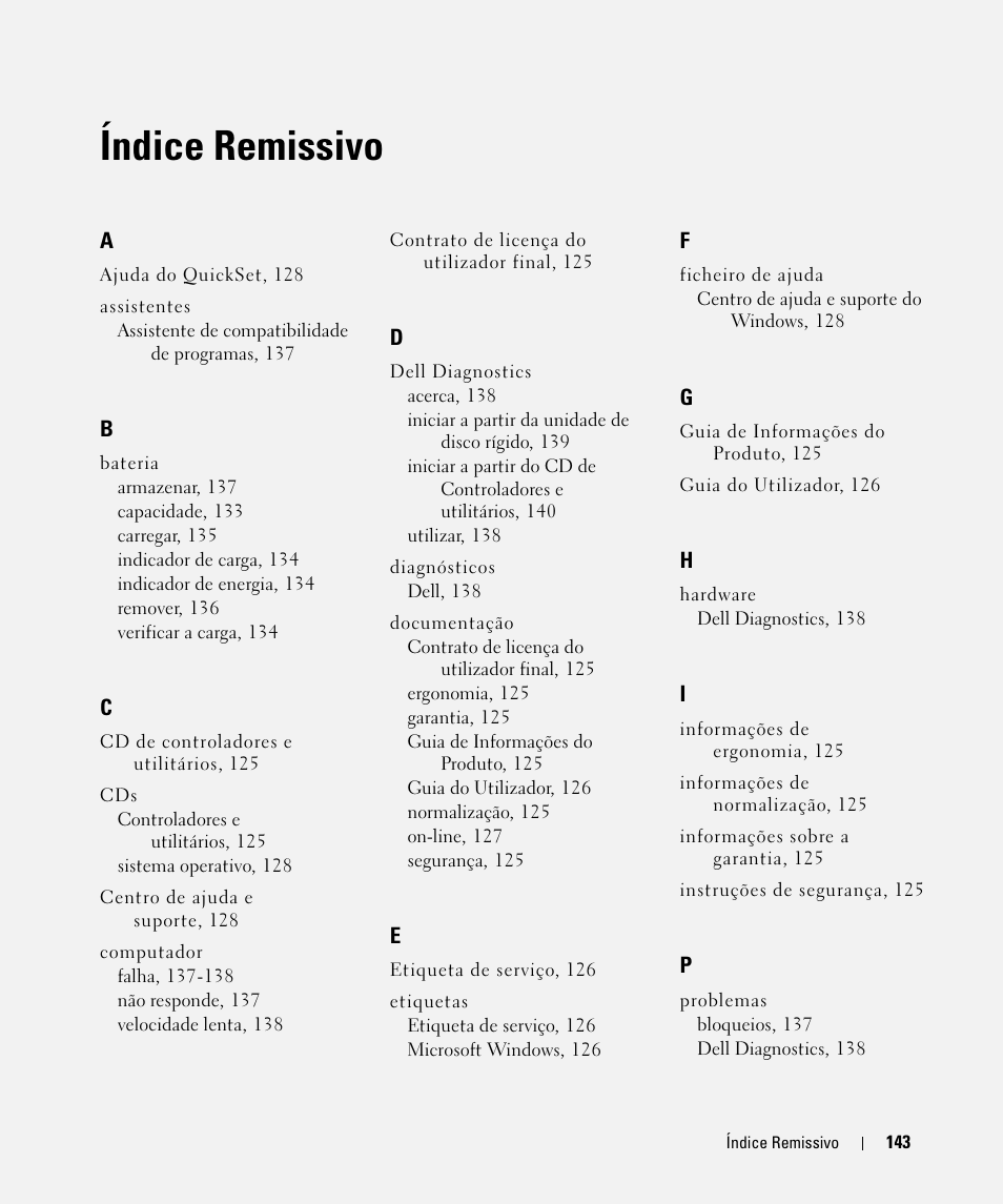 Índice remissivo | Dell Latitude D520 User Manual | Page 143 / 168