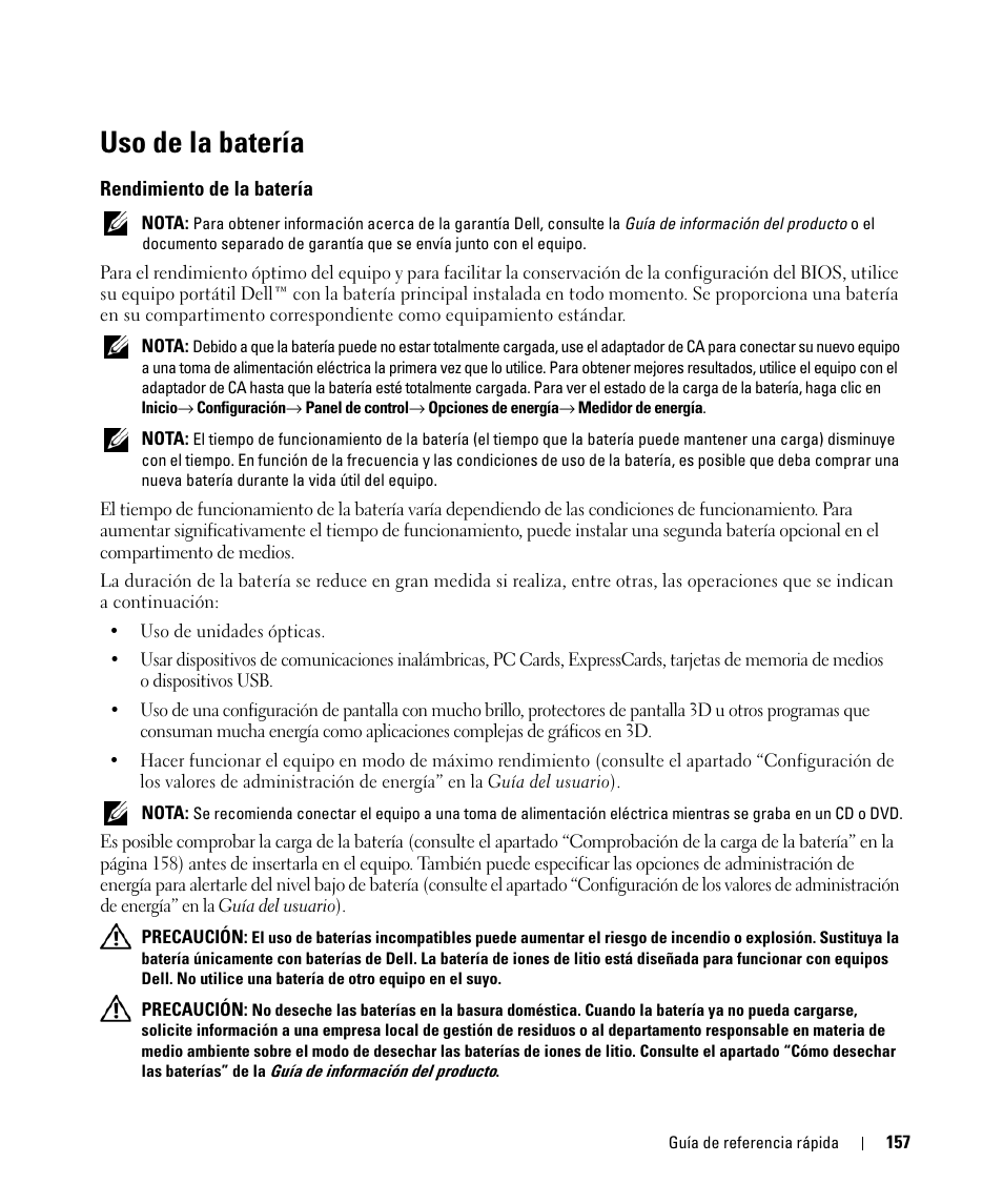 Uso de la batería, Rendimiento de la batería | Dell Latitude D520 User Manual | Page 157 / 168
