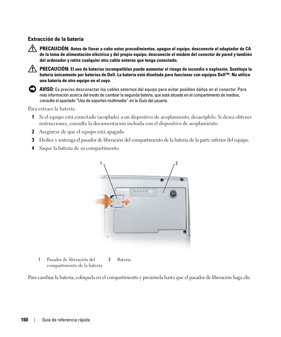 Extracción de la batería | Dell Latitude D520 User Manual | Page 160 / 168