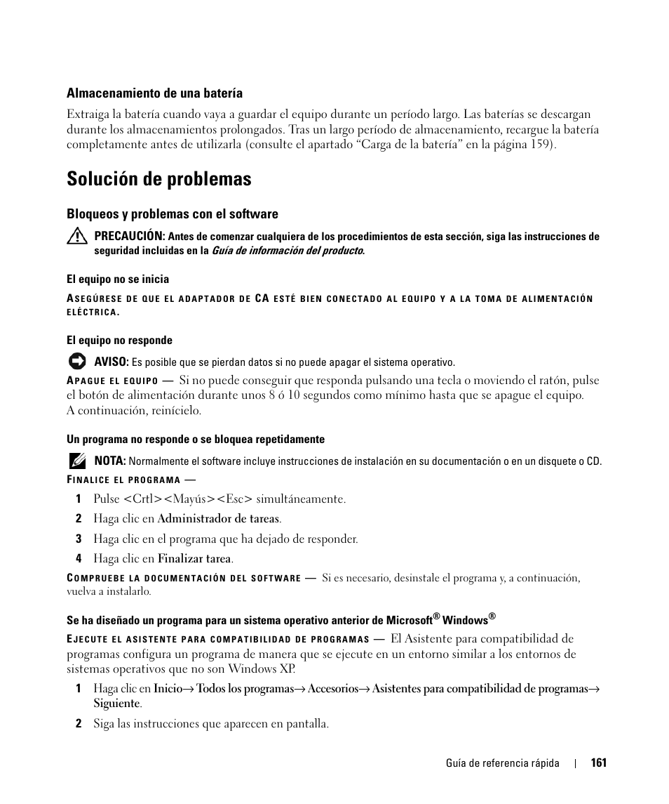 Almacenamiento de una batería, Solución de problemas, Bloqueos y problemas con el software | Dell Latitude D520 User Manual | Page 161 / 168