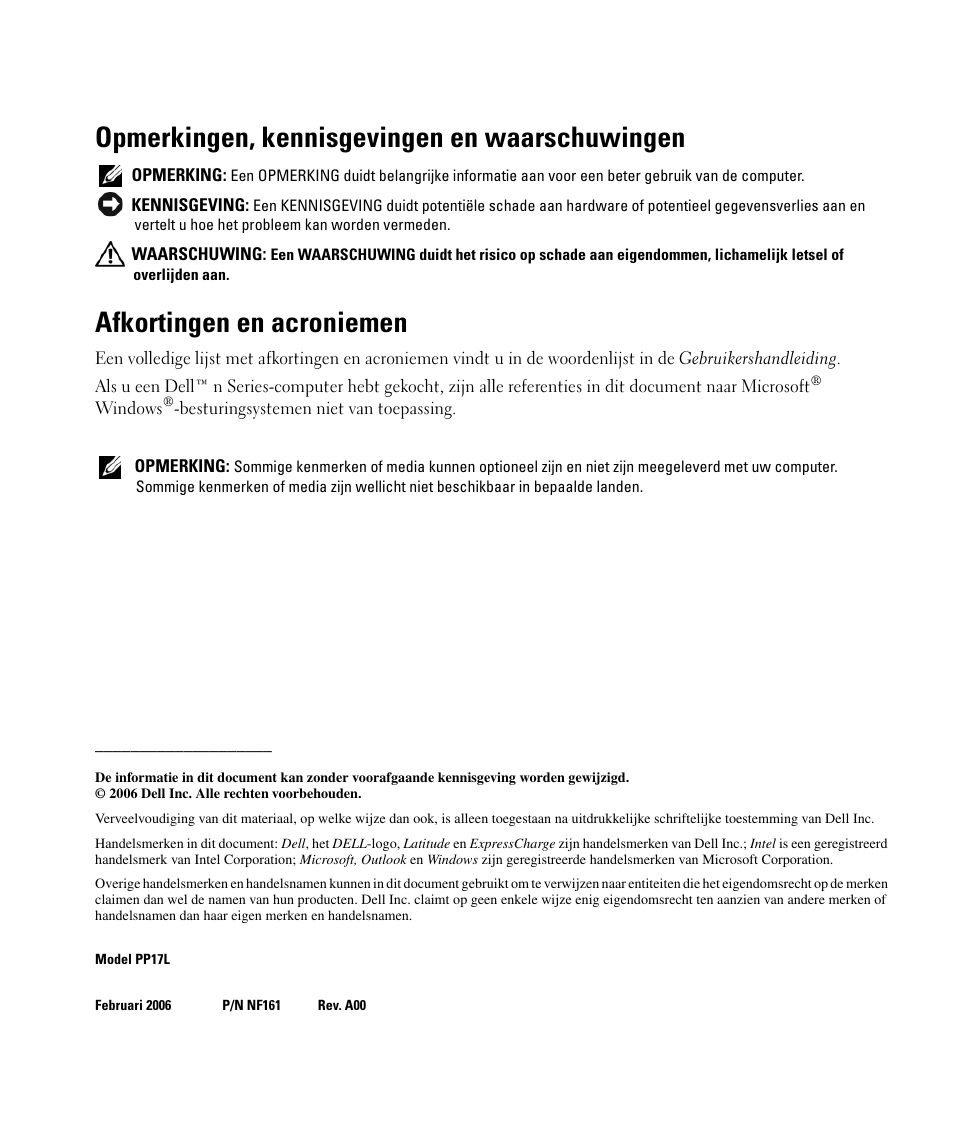 Opmerkingen, kennisgevingen en waarschuwingen, Afkortingen en acroniemen | Dell Latitude D520 User Manual | Page 26 / 168