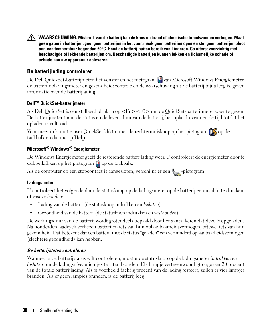 De batterijlading controleren | Dell Latitude D520 User Manual | Page 38 / 168