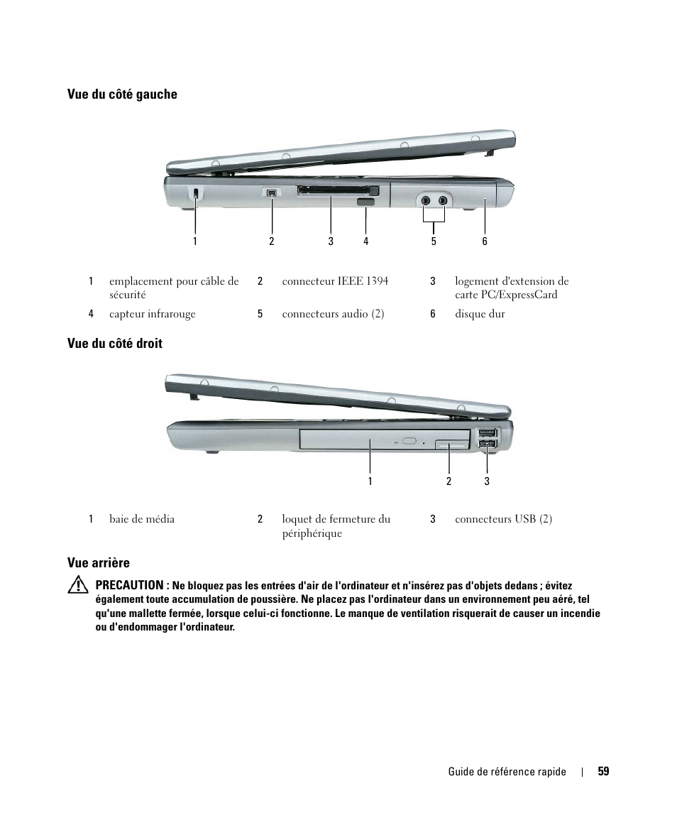 Vue du côté gauche, Vue du côté droit, Vue arrière | Vue du côté gauche vue du côté droit vue arrière | Dell Latitude D520 User Manual | Page 59 / 168