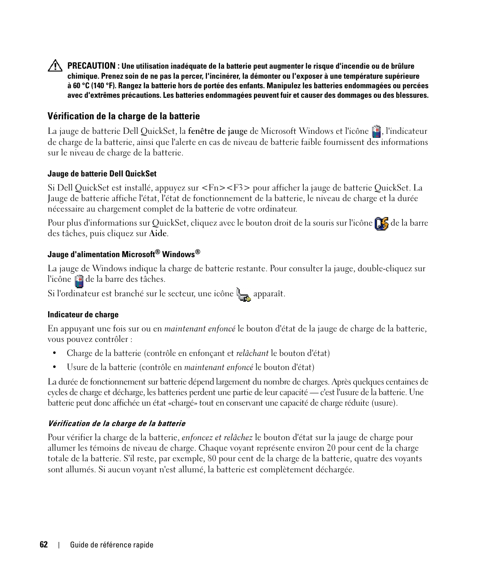 Vérification de la charge de la batterie | Dell Latitude D520 User Manual | Page 62 / 168