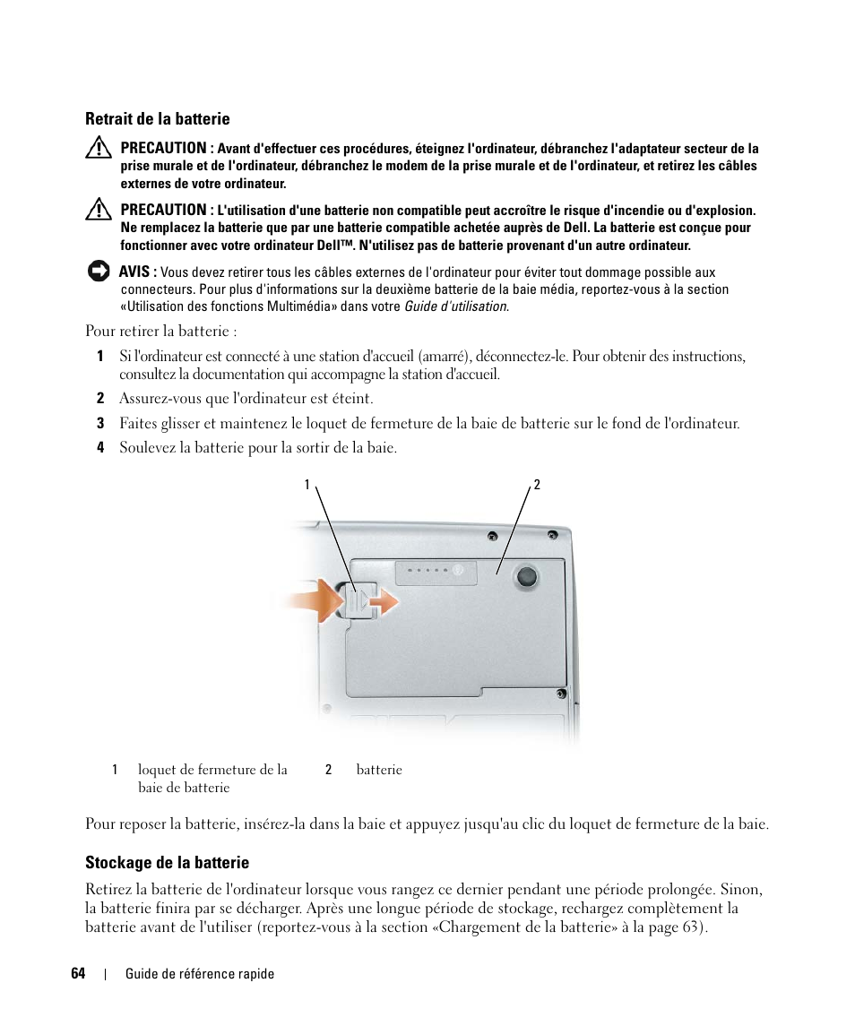 Retrait de la batterie, Stockage de la batterie | Dell Latitude D520 User Manual | Page 64 / 168