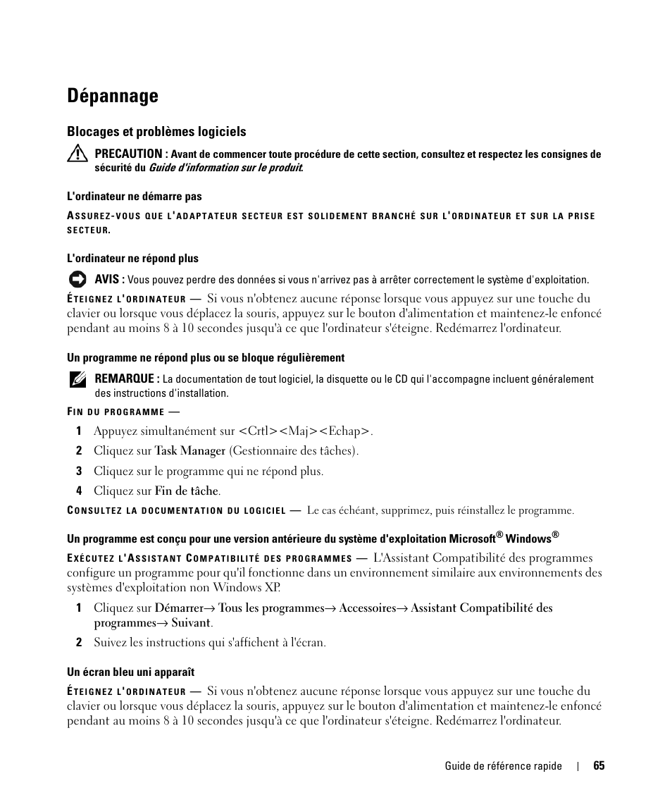 Dépannage, Blocages et problèmes logiciels | Dell Latitude D520 User Manual | Page 65 / 168