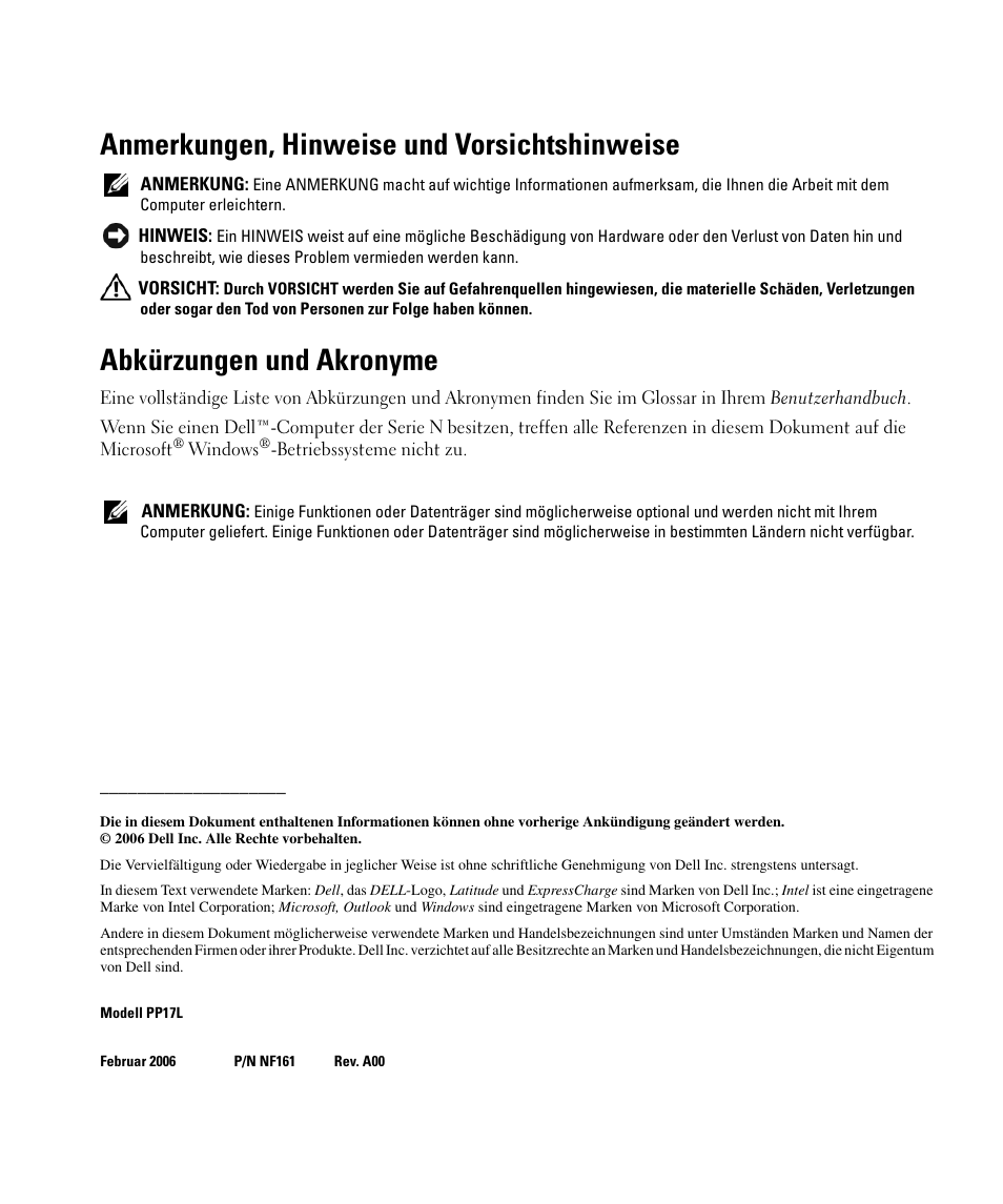 Anmerkungen, hinweise und vorsichtshinweise, Abkürzungen und akronyme | Dell Latitude D520 User Manual | Page 74 / 168