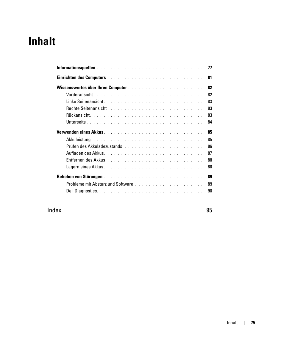 Inhalt, Index | Dell Latitude D520 User Manual | Page 75 / 168