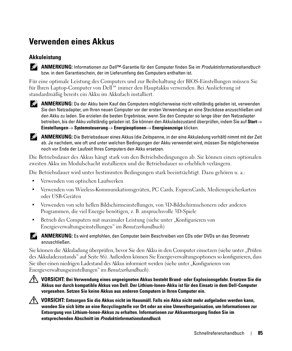 Verwenden eines akkus, Akkuleistung | Dell Latitude D520 User Manual | Page 85 / 168