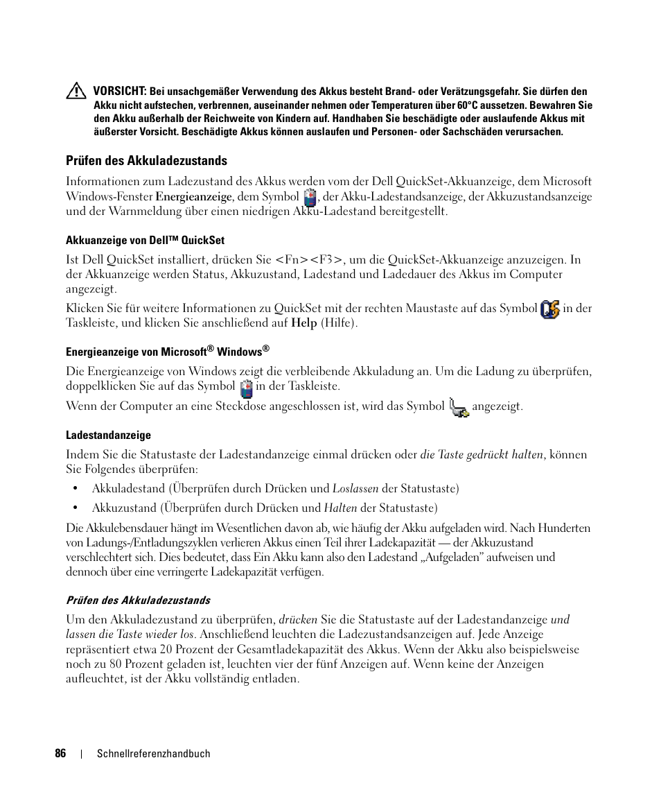 Prüfen des akkuladezustands | Dell Latitude D520 User Manual | Page 86 / 168