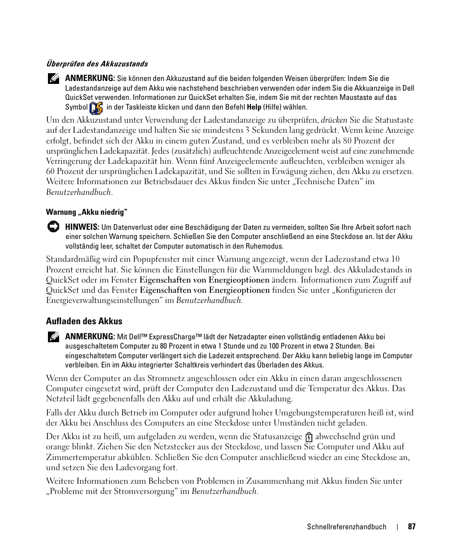 Aufladen des akkus | Dell Latitude D520 User Manual | Page 87 / 168