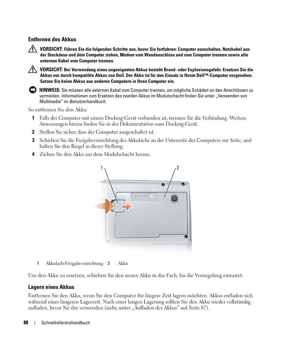 Entfernen des akkus, Lagern eines akkus | Dell Latitude D520 User Manual | Page 88 / 168