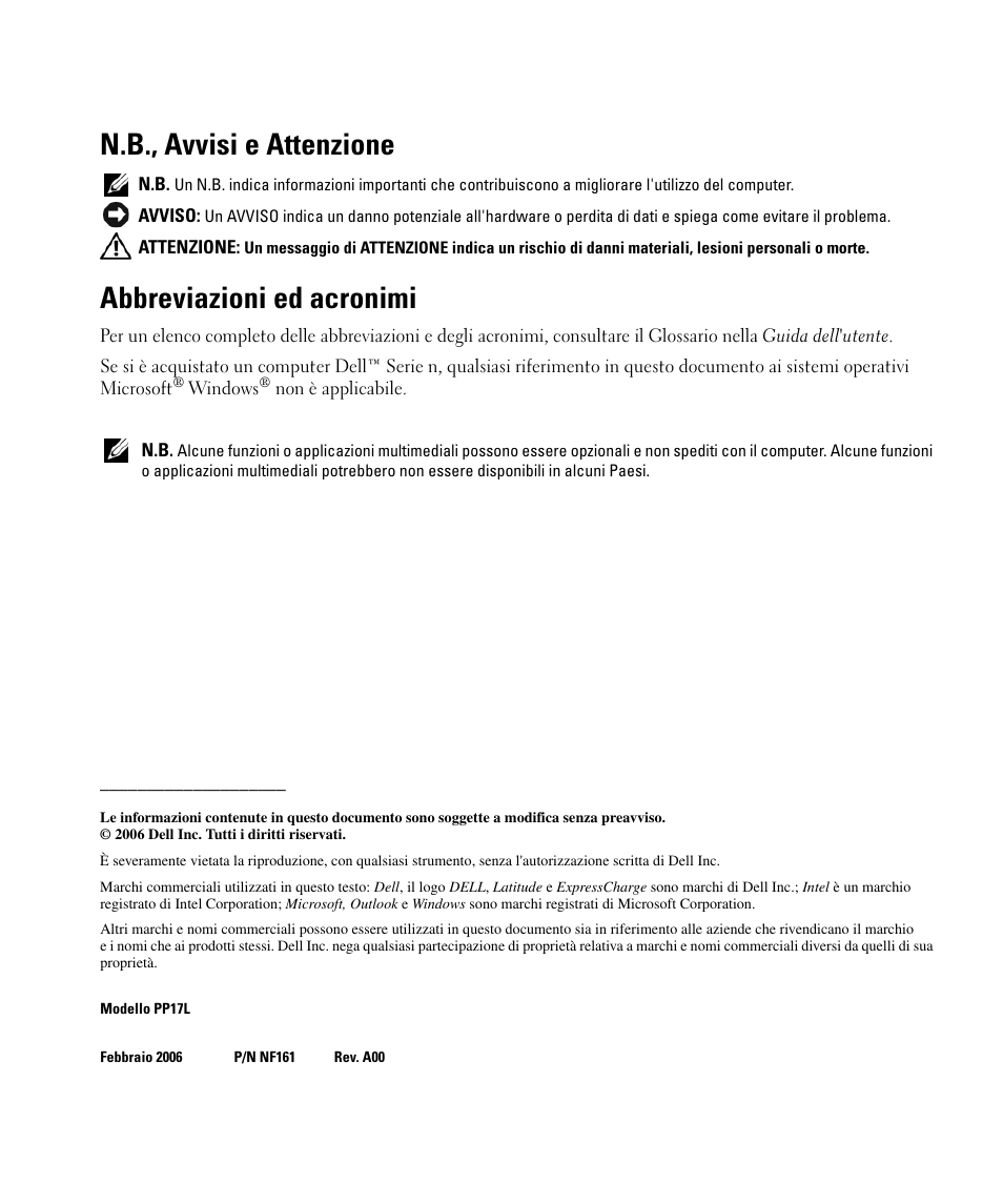 N.b., avvisi e attenzione, Abbreviazioni ed acronimi | Dell Latitude D520 User Manual | Page 98 / 168
