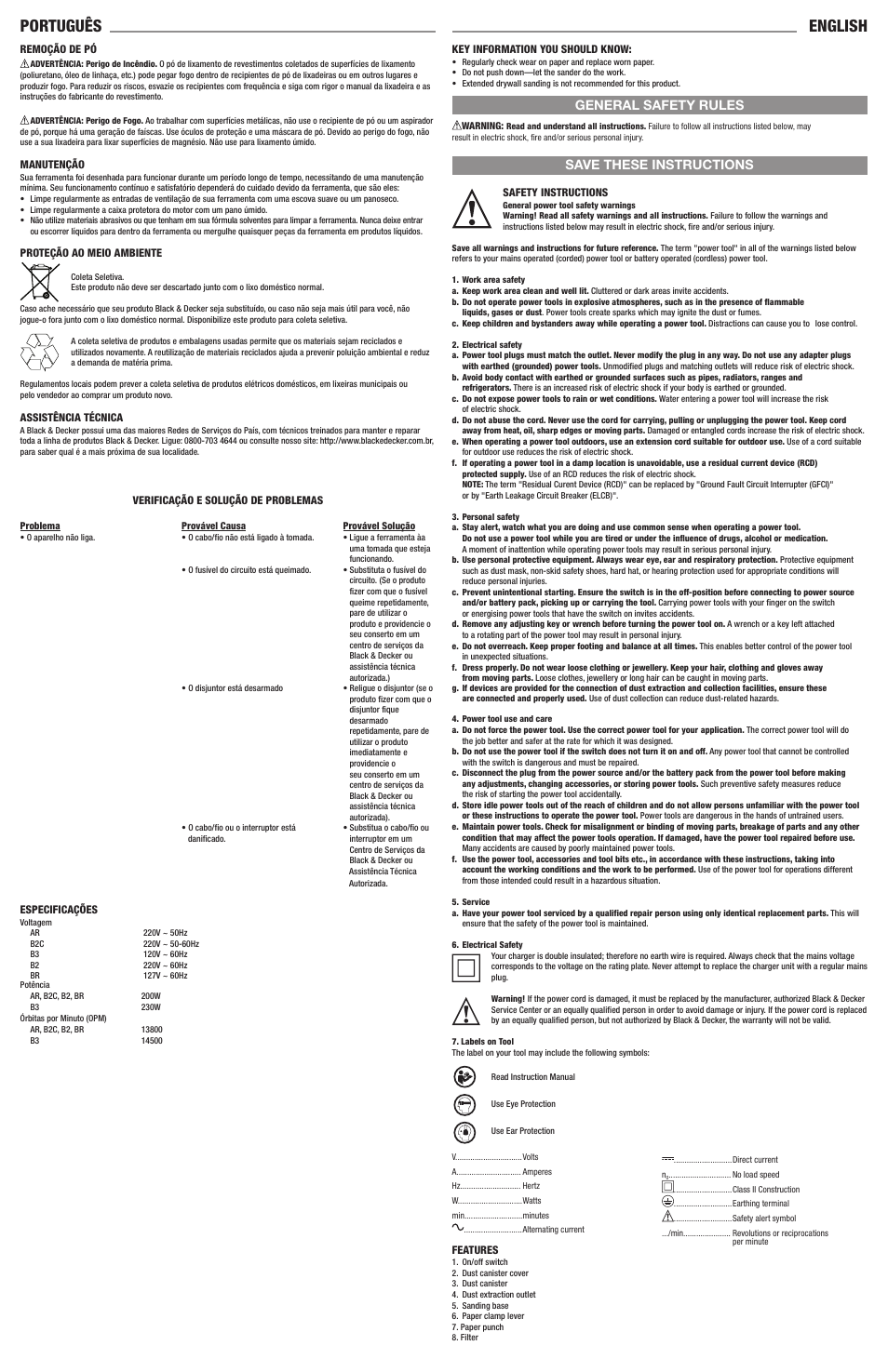 Português english, Save these instructions general safety rules | Black & Decker 90549547 User Manual | Page 4 / 6