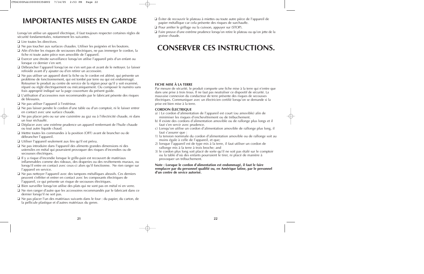 Importantes mises en garde, Conserver ces instructions | Black & Decker TO6300 Series User Manual | Page 12 / 19