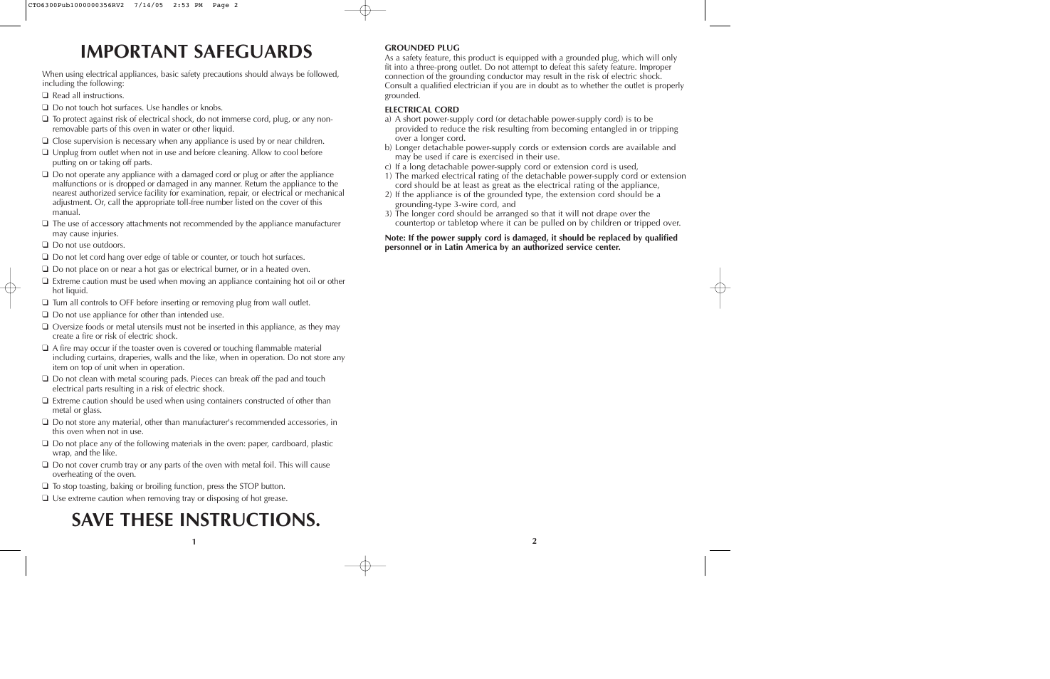 Important safeguards save these instructions | Black & Decker TO6300 Series User Manual | Page 2 / 19