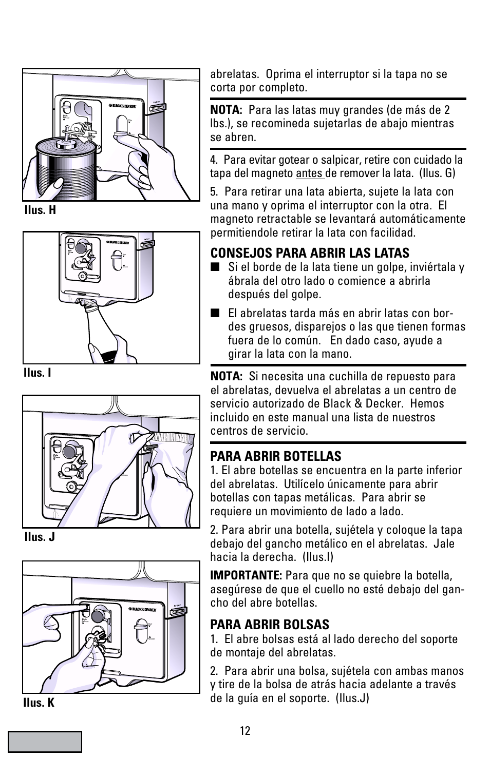 Consejos para abrir las latas, Para abrir botellas, Para abrir bolsas | Ilus. i, Ilus. j, Ilus. k | Black & Decker EC70 User Manual | Page 12 / 20