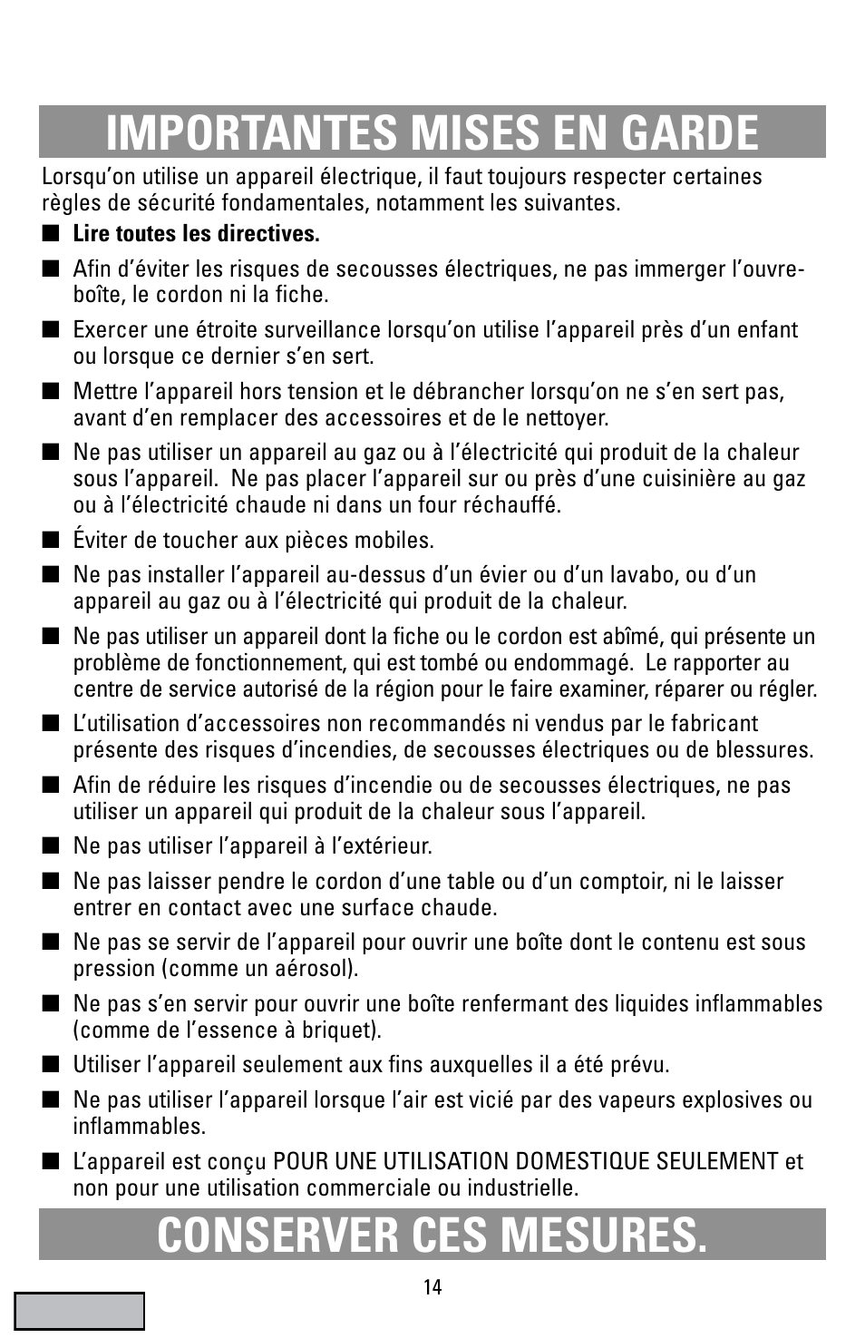 Importantes mises en garde, Ouvre-boîte, Importantes mises en garde conserver ces mesures | Black & Decker EC70 User Manual | Page 14 / 20