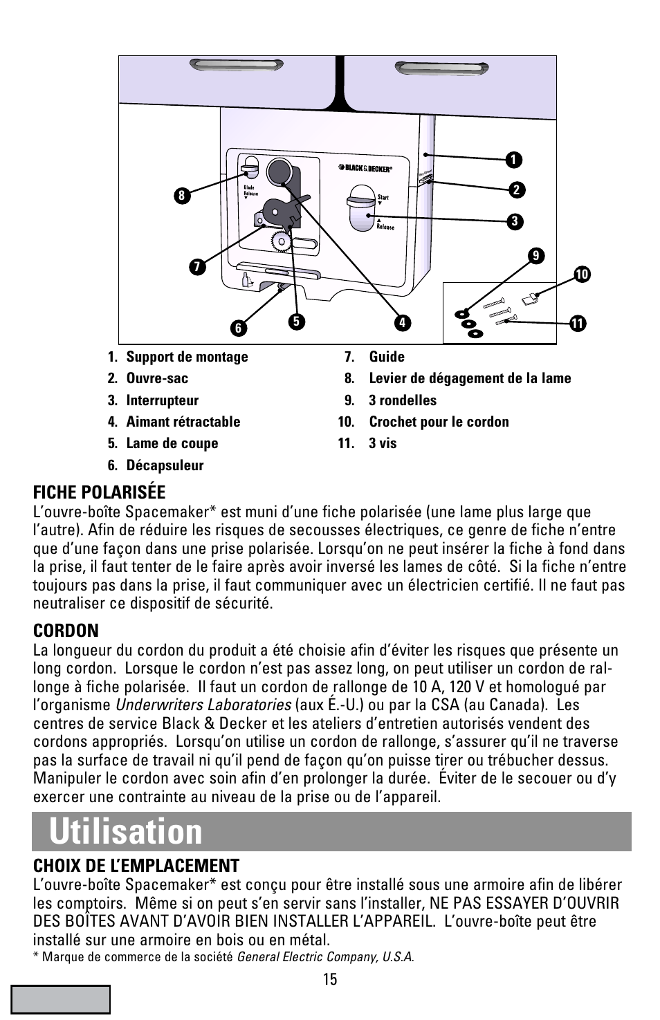Utilisation, Fiche polarisée, Cordon | Choix de l’emplacement | Black & Decker EC70 User Manual | Page 15 / 20