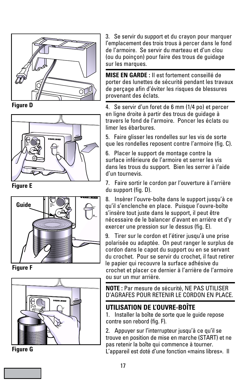Utilisation de l’ouvre-boîte, Figure f, Guide figure g | Black & Decker EC70 User Manual | Page 17 / 20