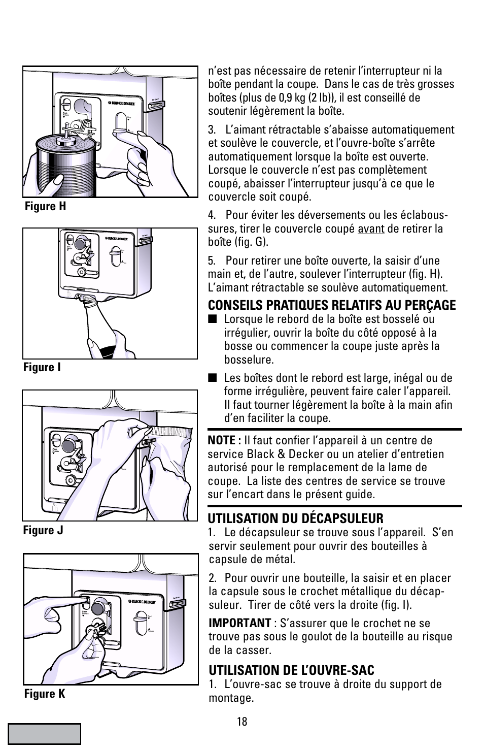 Conseils pratiques relatifs au perçage, Utilisation du décapsuleur, Utilisation de l’ouvre-sac | Figure i, Figure j, Figure k | Black & Decker EC70 User Manual | Page 18 / 20