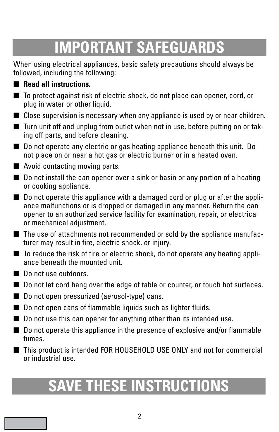 Safegaurds, Can opener, Important safeguards save these instructions | Black & Decker EC70 User Manual | Page 2 / 20