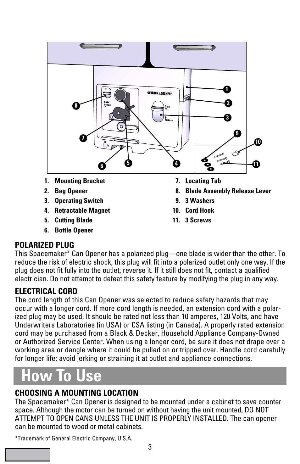 How to use, Polarized plug, Electrical cord | Choosing a mounting location | Black & Decker EC70 User Manual | Page 3 / 20