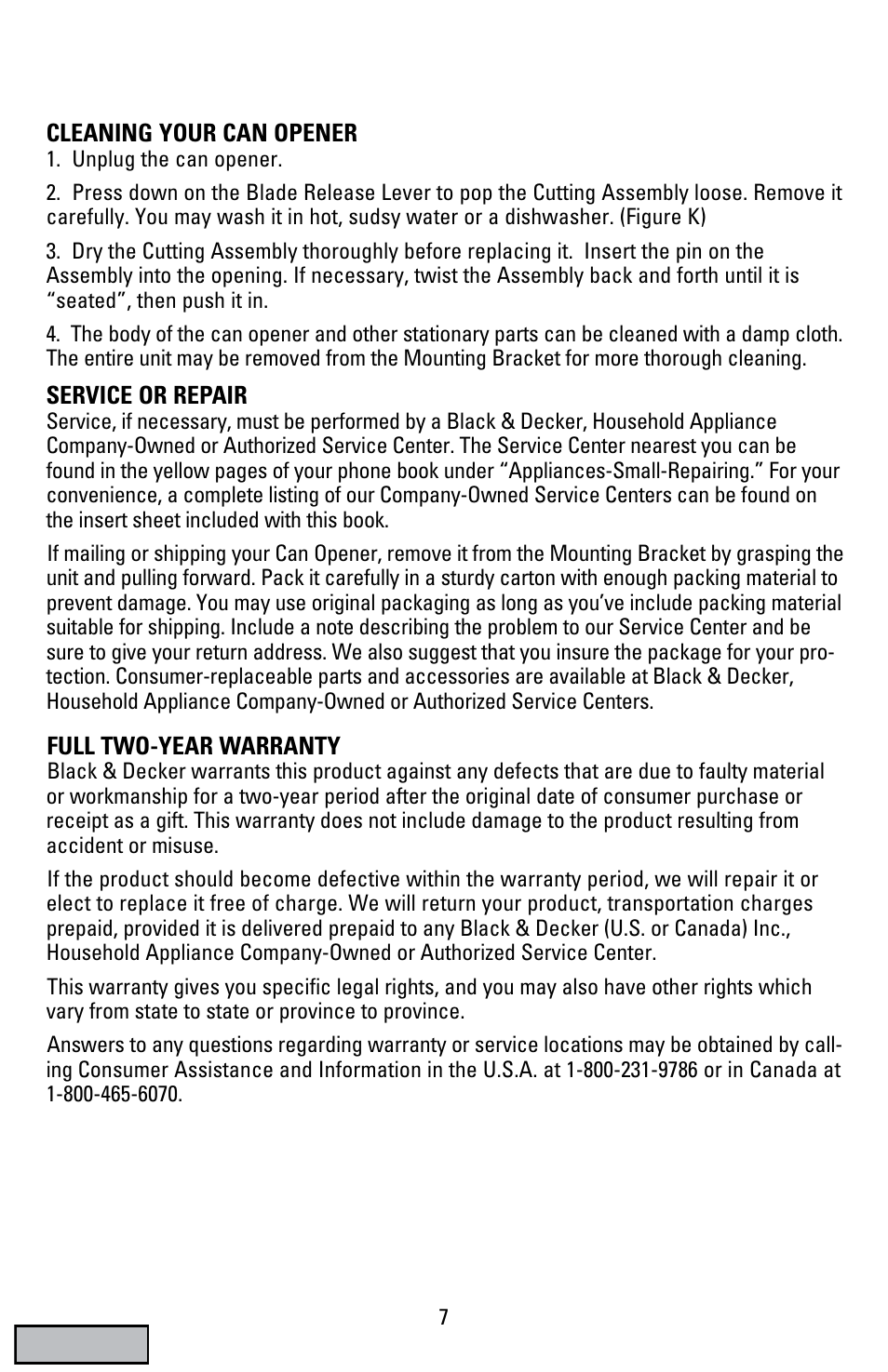 Cleaning, Warranty | Black & Decker EC70 User Manual | Page 7 / 20
