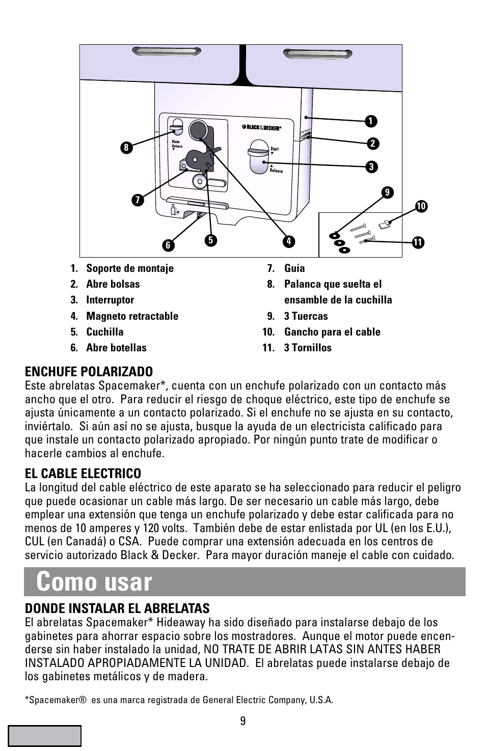 Como usar, Enchufe polarizado, El cable electrico | Donde instalar el abrelatas | Black & Decker EC70 User Manual | Page 9 / 20