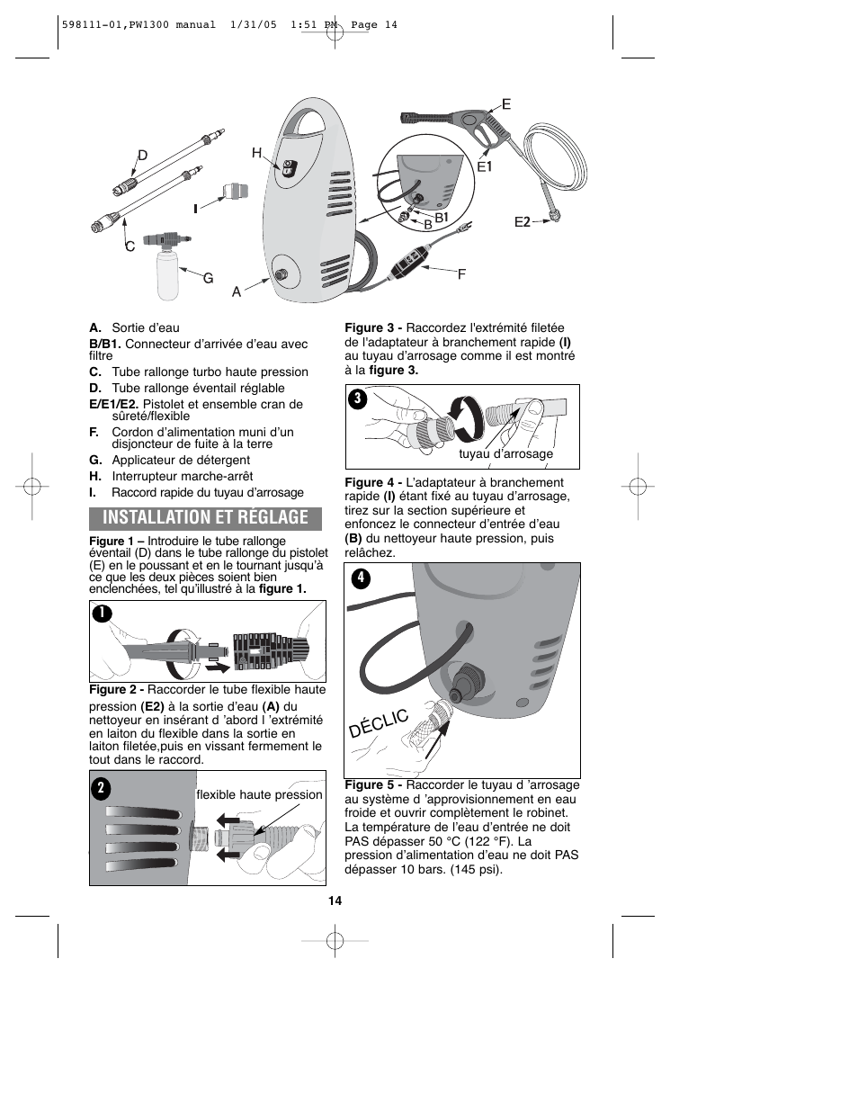 Installation et réglage, Déclic | Black & Decker PW1300 User Manual | Page 14 / 35